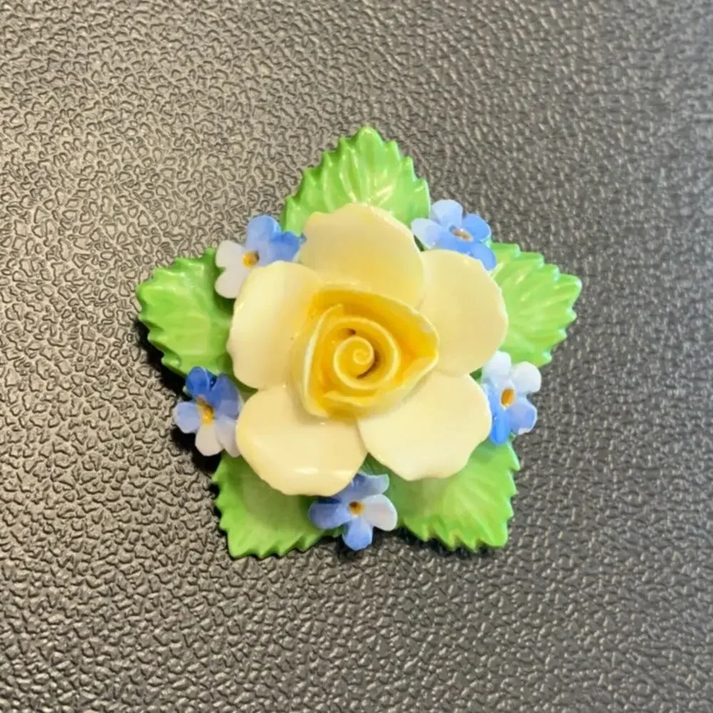 Vintage Denton China Bone China Yellow Rose Brooch Pin Made In England Mint